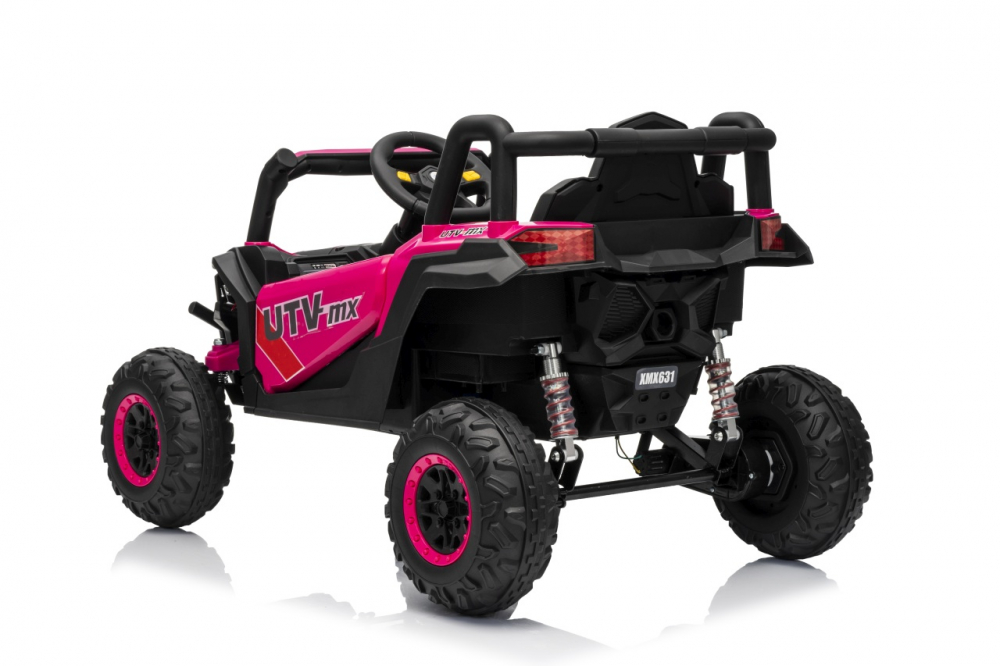 Masinuta electrica pentru copii Buggy Madman UTV-MX Pink, 4 motoare 35W, baterie 12V10Ah, telecomanda 2.4 GHz, roti spuma EVA 24x10 cm, sarcina maxima 30 kg, scaun piele ecologica, deschidere usi, MP3, USB, Bluetooth - 2