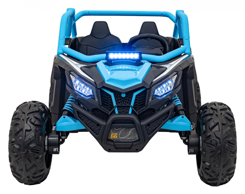 Masinuta electrica pentru copii SR SUPER 66 Blue, 4 motoare de 75W, baterie 24V7Ah, 3 viteze, telecomanda 2.4 GHz, scaun dublu din piele ecologica, radio FM, MP3, Bluetooth, port USB, lumini LED, deschidere usi
