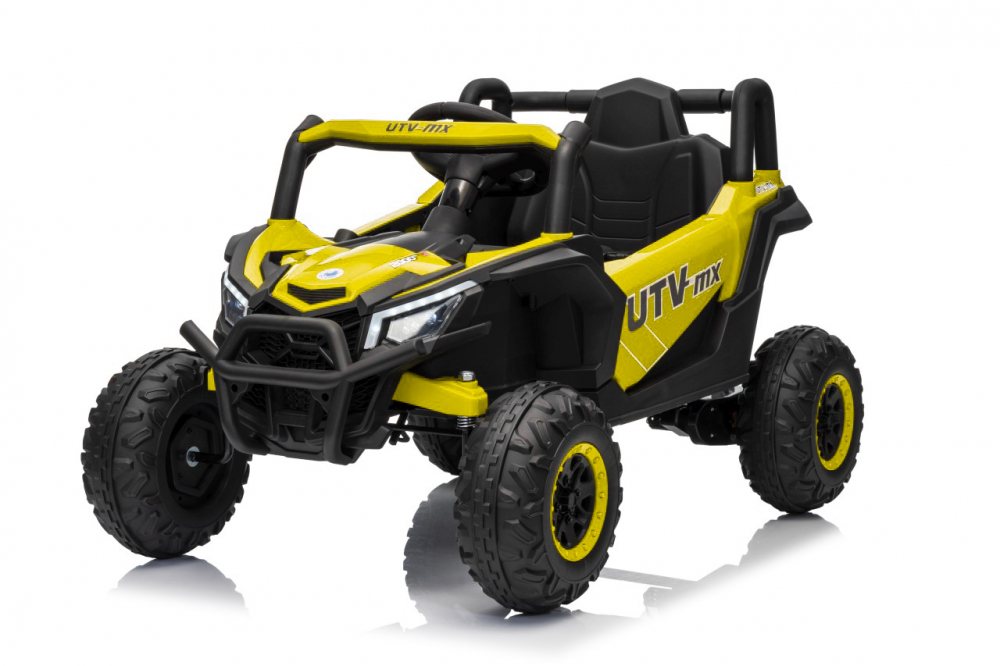 Masinuta electrica pentru copii Buggy Madman UTV-MX Yellow, 4 motoare 35W, baterie 12V10Ah, telecomanda 2.4 GHz, roti spuma EVA 24x10 cm, sarcina maxima 30 kg, scaun piele ecologica, deschidere usi, MP3, USB, Bluetooth