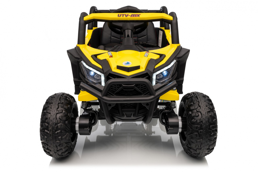 Masinuta electrica pentru copii Buggy Madman UTV-MX Yellow, 4 motoare 35W, baterie 12V10Ah, telecomanda 2.4 GHz, roti spuma EVA 24x10 cm, sarcina maxima 30 kg, scaun piele ecologica, deschidere usi, MP3, USB, Bluetooth - 5
