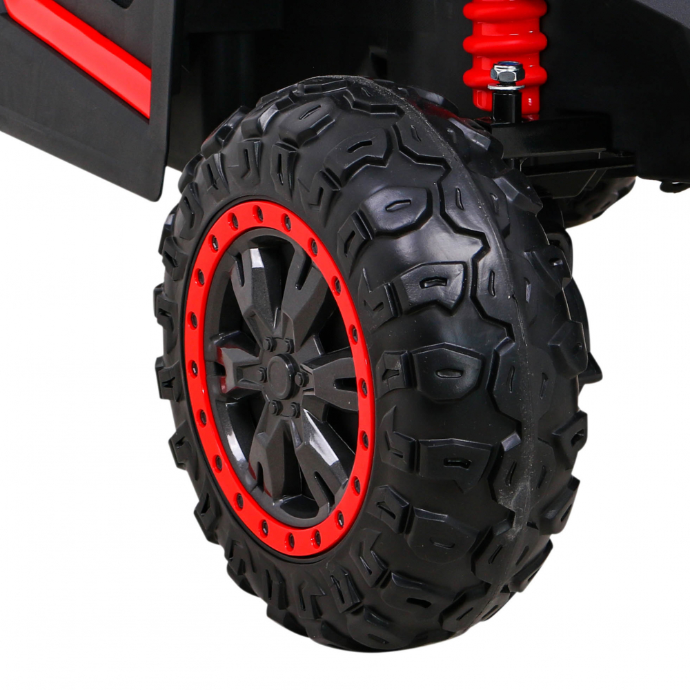 Masinuta electrica pentru copii UTV 2000M Racing Red, cu 4 motoare de 45W, baterie 12V10A, telecomanda de 2.4 GHz, cu 3 viteze, roti EVA, lumini LED frontale, panou audio integrat MP3, USB, cu deschidere usi - 2