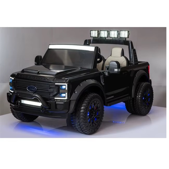 Masinuta electrica pentru copii cu licenta Ford Super Duty F450 Black,Telecomanda 2,4G,2 Motoare x 75w,Acumulator 12V6Ah,Lumini LED,Roti rezistente,Oglinzi retrovizoare,Slow Start