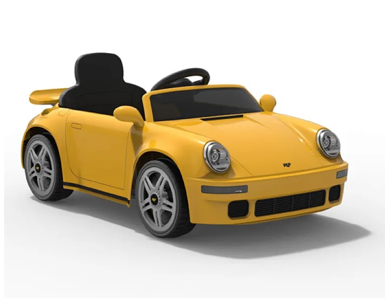 Masinuta electrica pentru copii cu licenta Porsche RUF CTR 2017 Galben cu echipare Premium,Telecomanda 2,4G,2 motoare x 38w,Roti EVA,Scaun din piele,Acumulator 12V,Bluetooth,Display baterie,Usi cu deschidere,Lumini LED,Muzica