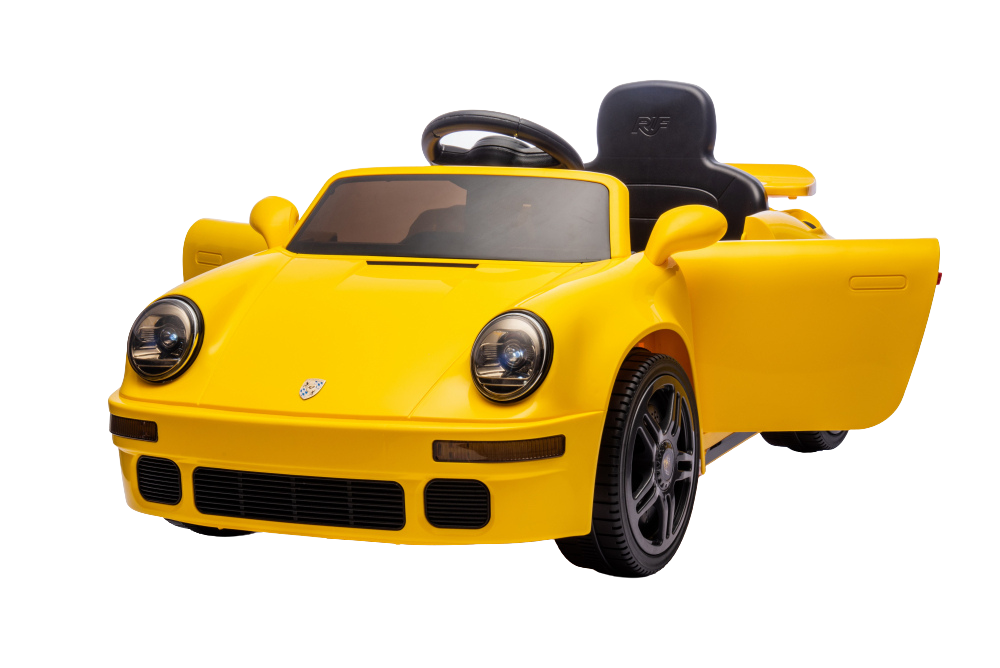 Masinuta electrica pentru copii cu licenta Porsche RUF CTR Galben echipare premium,telecomanda 2,4G,2 motoarex45w,roti EVA,scaun din piele,suspensii,sistem troller,bluetooth,display baterie,usi cu deschidere,lumini LED,muzica