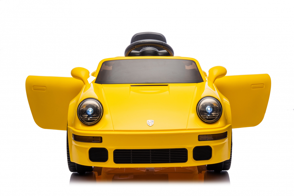 Masinuta electrica pentru copii cu licenta Porsche RUF CTR Galben Echipare Premium,Telecomanda 2,4G,2 motoarex45w,Roti EVA,Scaun din piele,Suspensii,Sistem troller,Bluetooth,Display baterie,Usi cu deschidere,Lumini LED,Muzica - 2