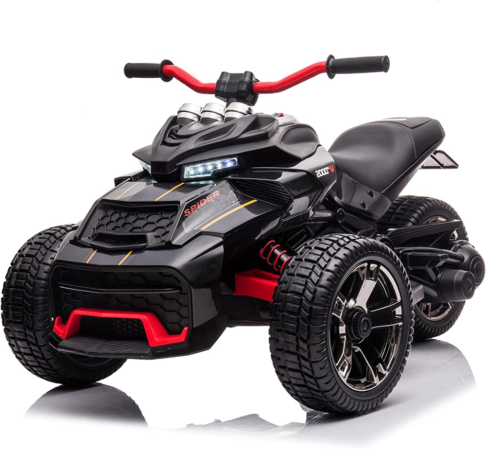 Motocicleta electrica pentru copii Nichiduta Spider Black cu roti EVA,Acumulator 12V, Lumini LED, Pornire la buton,Sezut ergonomic, Manere antiderapante, Display cu afisaj baterie, Greutate admisa 30 kg