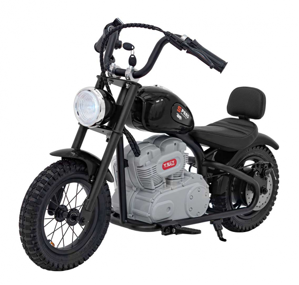 Motocicleta electrica pentru copii Speed Power Black, pornire la cheie, motor 250W, baterie 24V/7Ah, roti pneumatice, scaun ergonomic din piele, lumina frontala LED, claxon, muzica preinstalata, pana la 80 kg