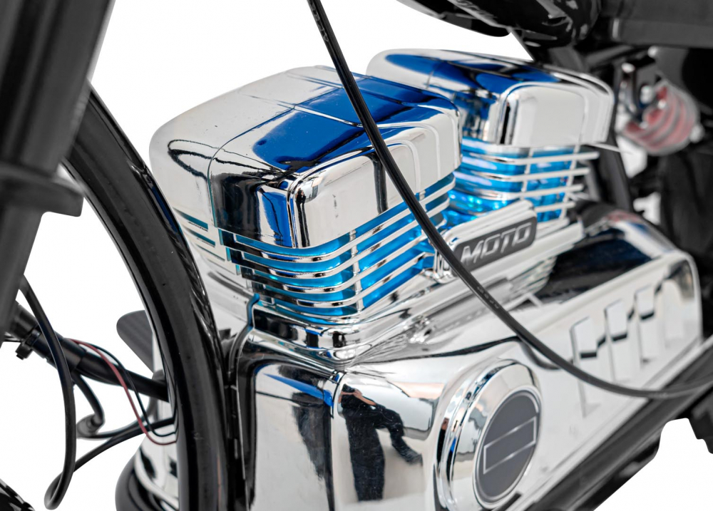 Motocicleta electrica pentru copii Chopper Warrior Black, motor de 350W, cu doua baterii de 18V9Ah, pornire prin buton, cu rotile gonflabile, panou audio integrat cu MP3, USB, lumini LED, sarcina maxima 80 kg - 4
