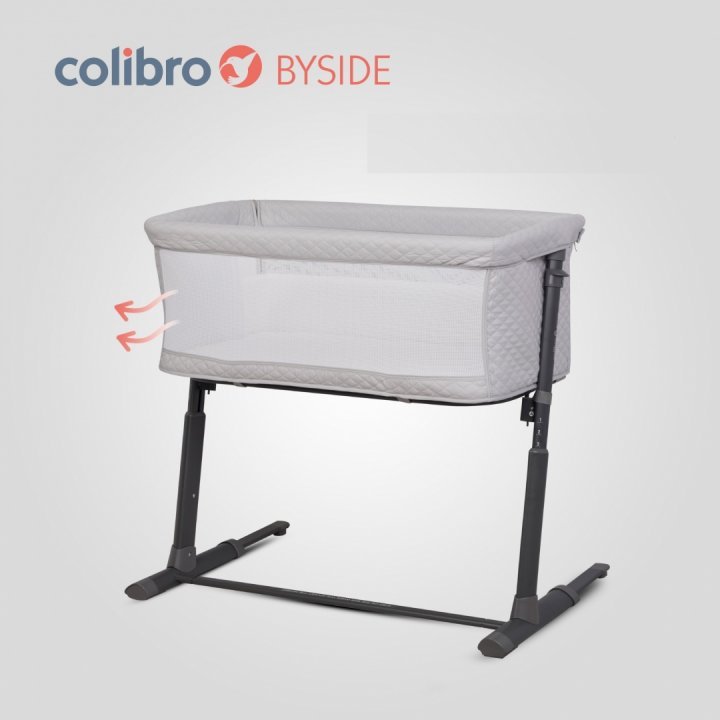 Patut Co-Sleeper 2 in 1 pentru copii Colibro BySide Bassinet, cu saltea inclusa, inaltime reglabila pe 9 nivele si unghi de inclinare de 30 de grade, sistem automat de retractare picioare, dimensiune 93 x 58 cm, Cloud