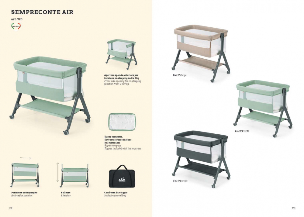 Patut Sempreconte Air Beige, co-sleeper 2 in 1 cu laterala culisanta, setare unghiulara, roti, geanta voiaj, reglabil in 8 pozitii pe inaltime - 2