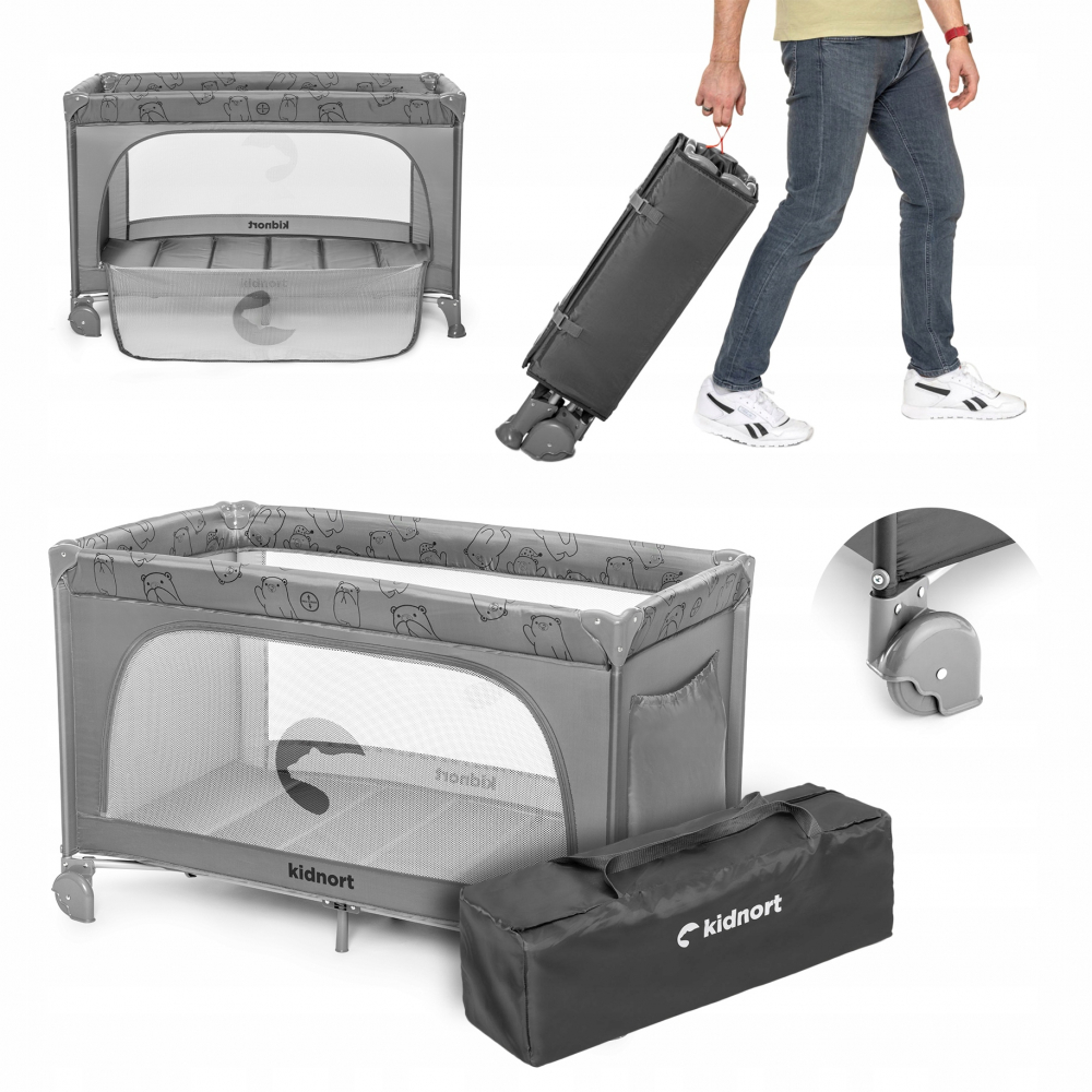 Patut de calatorie cu saltea, plasa de ventilatie, roti, usa cu fermoar si geanta de transport Kidnort Grotta Light Grey