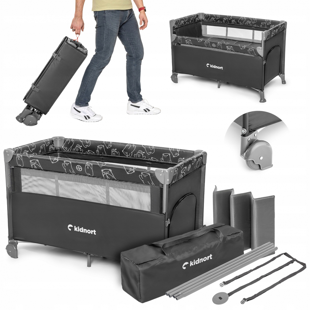 Patut de calatorie multifunctional 3 in 1 Naste Dark Grey cu laterala culisanta si 2 niveluri de inaltime, sistem atasare la patul parintilor, cu saltea si geanta de transport, dimensiune compacta, Intrare laterala, 9.3 kg