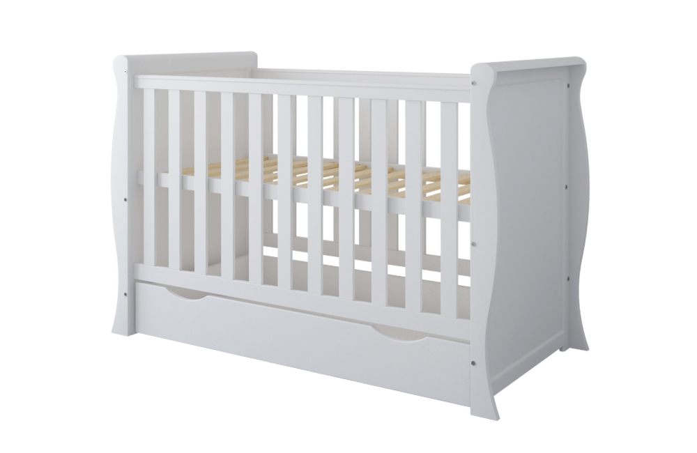 Patut din lemn 120x60 cm cu laterala detasabila ,sertar si margine din silicon pentru protectie dintisori Mini Sleight White