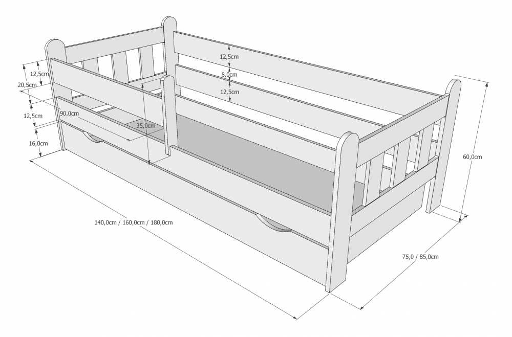 Patut din lemn MDF Nichiduta Stas Alb 140x70 cu laterala de protectie 90 cm inclusa,margini rotunjite,vopsea ecologica pe baza de apa,design modern