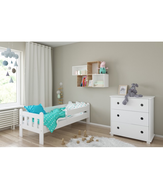 Patut din lemn MDF Nichiduta Stas Alb 140x70 cu laterala de protectie 90 cm inclusa,margini rotunjite,vopsea ecologica pe baza de apa,design modern - 1