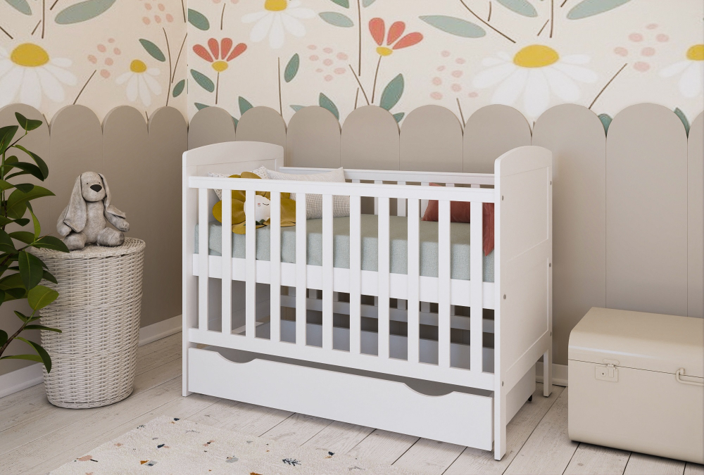 Patut din lemn Nichiduta Philip Alb 120x60 cm cu Laterala detasabila,Sertar cu roti,Margine din silicon pentru protectie dintisori,Design elegant,Vopsele si materiale sigure,3 Nivele reglare somiera,Margini rotunjite - 2