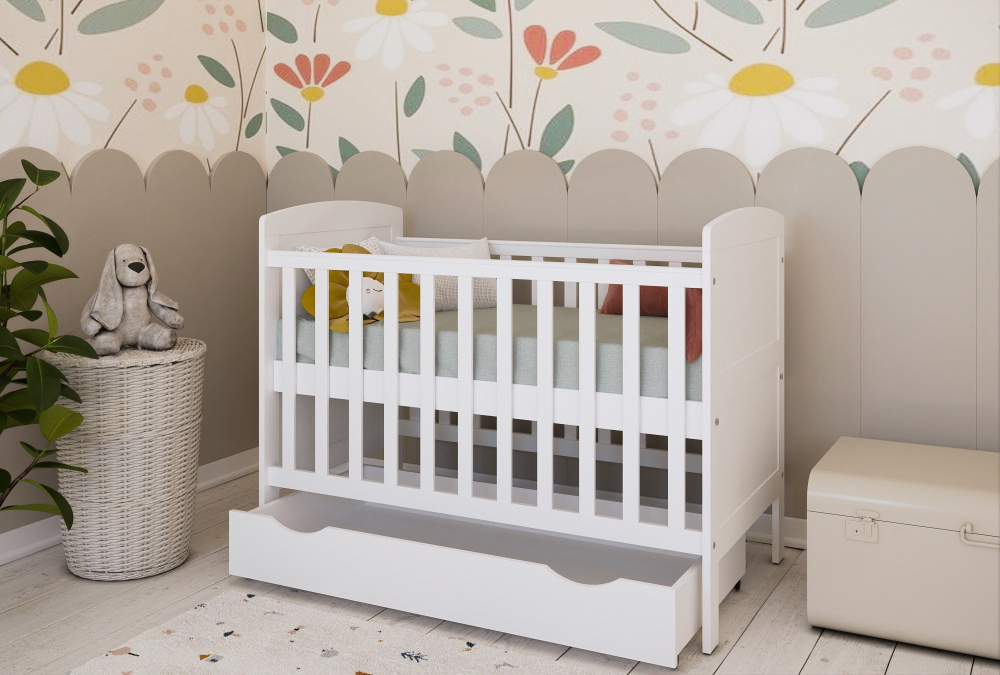 Patut din lemn Nichiduta Philip Alb 120x60 cm cu Laterala detasabila,Sertar cu roti,Margine din silicon pentru protectie dintisori,Design elegant,Vopsele si materiale sigure,3 Nivele reglare somiera,Margini rotunjite - 3