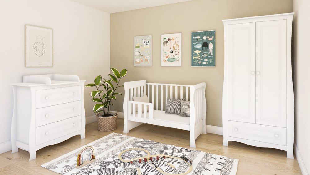 Patut din lemn si MDF Nichiduta Megan II Alb cu sertar,sistem 2 bare detasabile,bariera de protectie inclusa,vopsele ecologice pe baza de apa,margini rotunjite,dimeniuni interioare 120x60cm