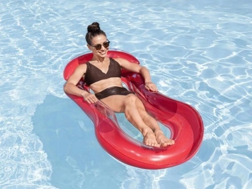 Saltea gonflabila pentru plaja si piscina cu Spatar si Cotiere, 2 camere de aer independente si plasa, 159 x 77 cm, sarcina maxima 90 kg, Red