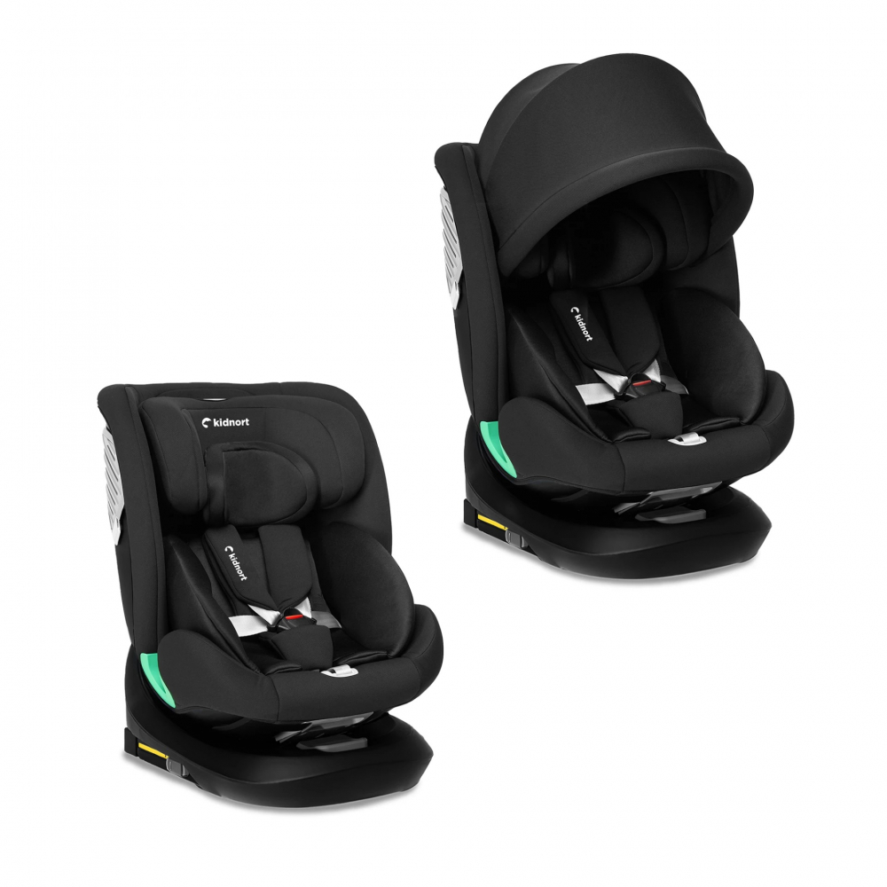 Scaun auto cu isofix rotativ pentru copii Kidnort Radjur Black, 360 i-Size 40-150 cm, Top Tether, centuri in 5 puncte, Sistem de impact lateral, parasolar reglabil, Pozitie somn - 3