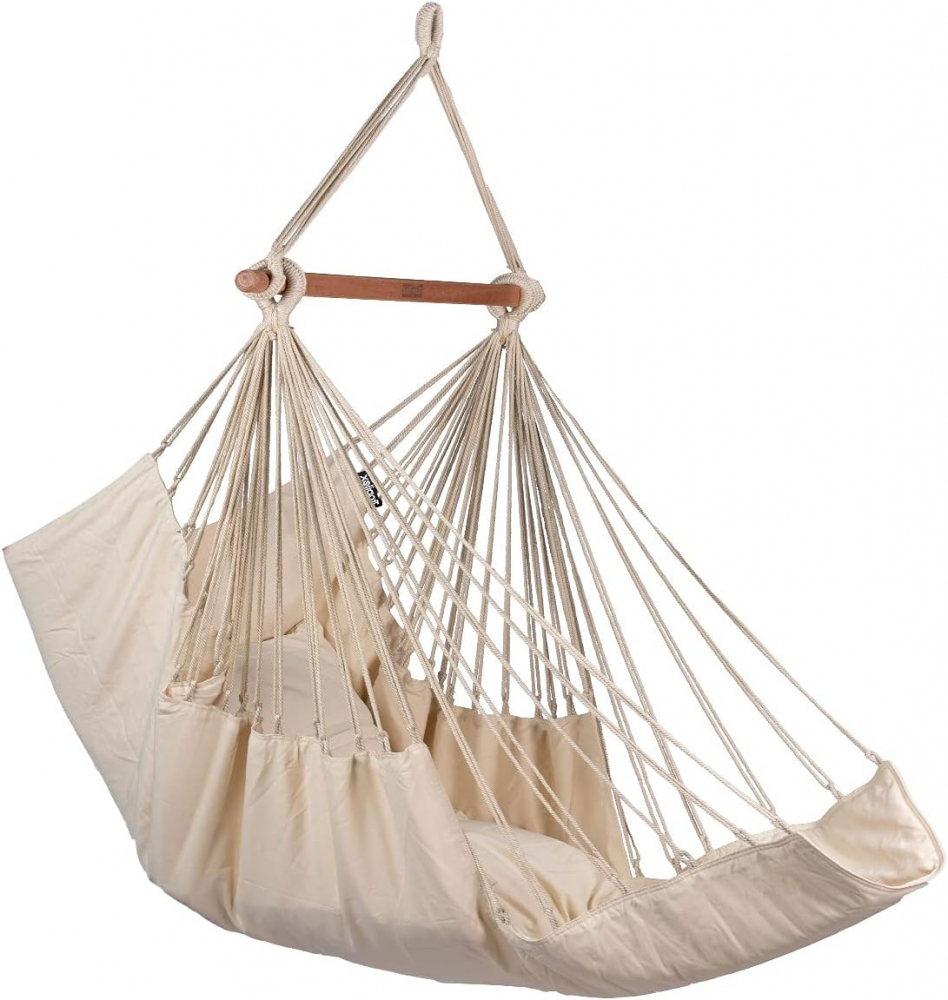 Scaun balansoar tip hamac brazilian, cu suport pentru picioare, dimensiune 130 cm, Bej