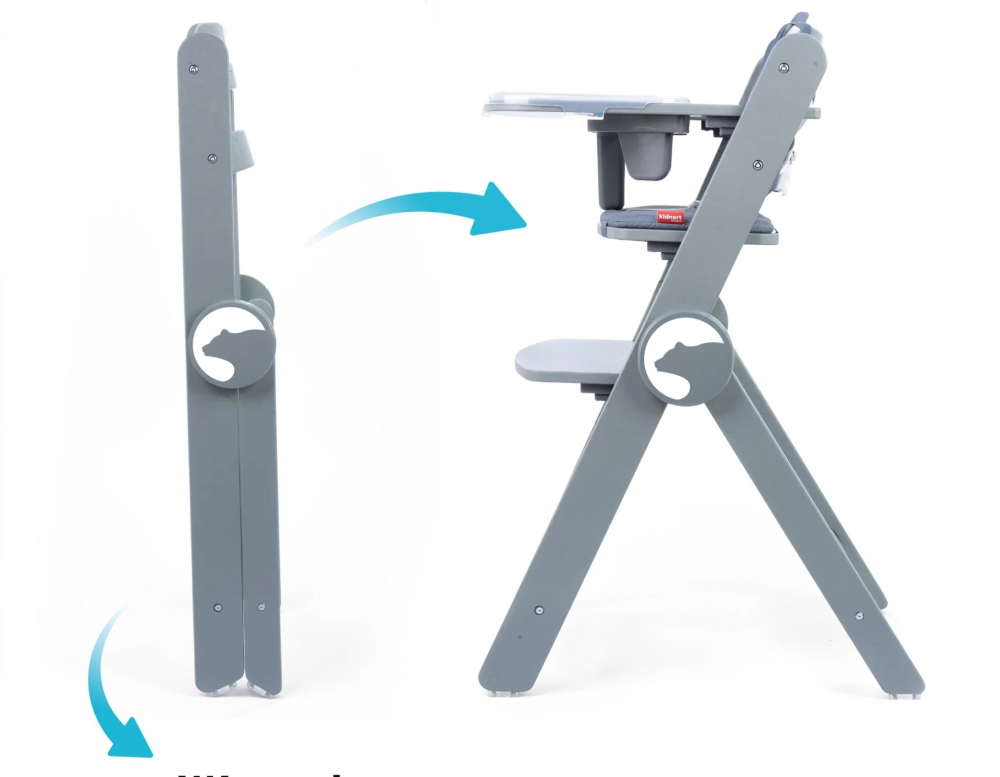 Scaun de masa pentru copii, Kidnort Drommer Unique Grey, pliabil, structura din lemn, cu 9 configuratii de inaltime, centura de siguranta in 5 puncte, pana la 75 kg, dimensiune 59 x 46 x 79.5 cm, perna de sezut inclusa