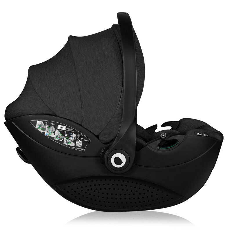 Scoica auto Lionelo Moxie Negru, i-Size, include baza rotativa 360 cu picior de fixare, 40-87 cm, tetiera reglabila, intarita cu spuma de memorie, carcasa ventilata, protectie avansata, conform R129 - 2