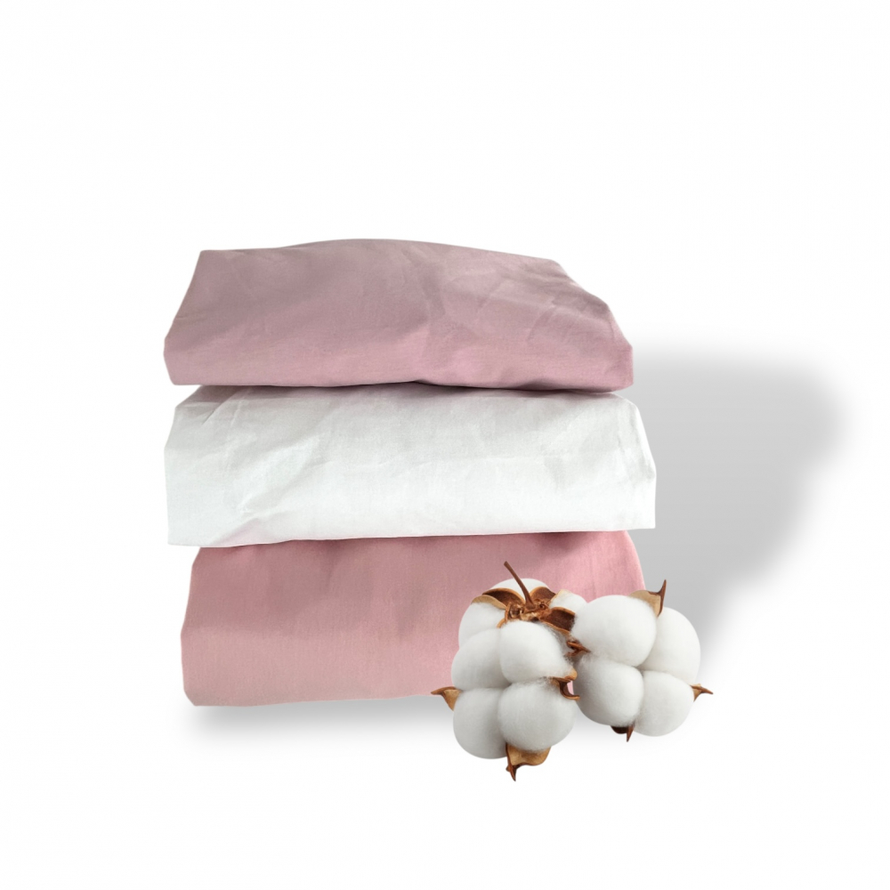 Set 3 cearsafuri din bumbac ranforce pentru pat copii, Deseda, cu elastic roata, dimensiune 160 x 80 cm, mix roz pudrat