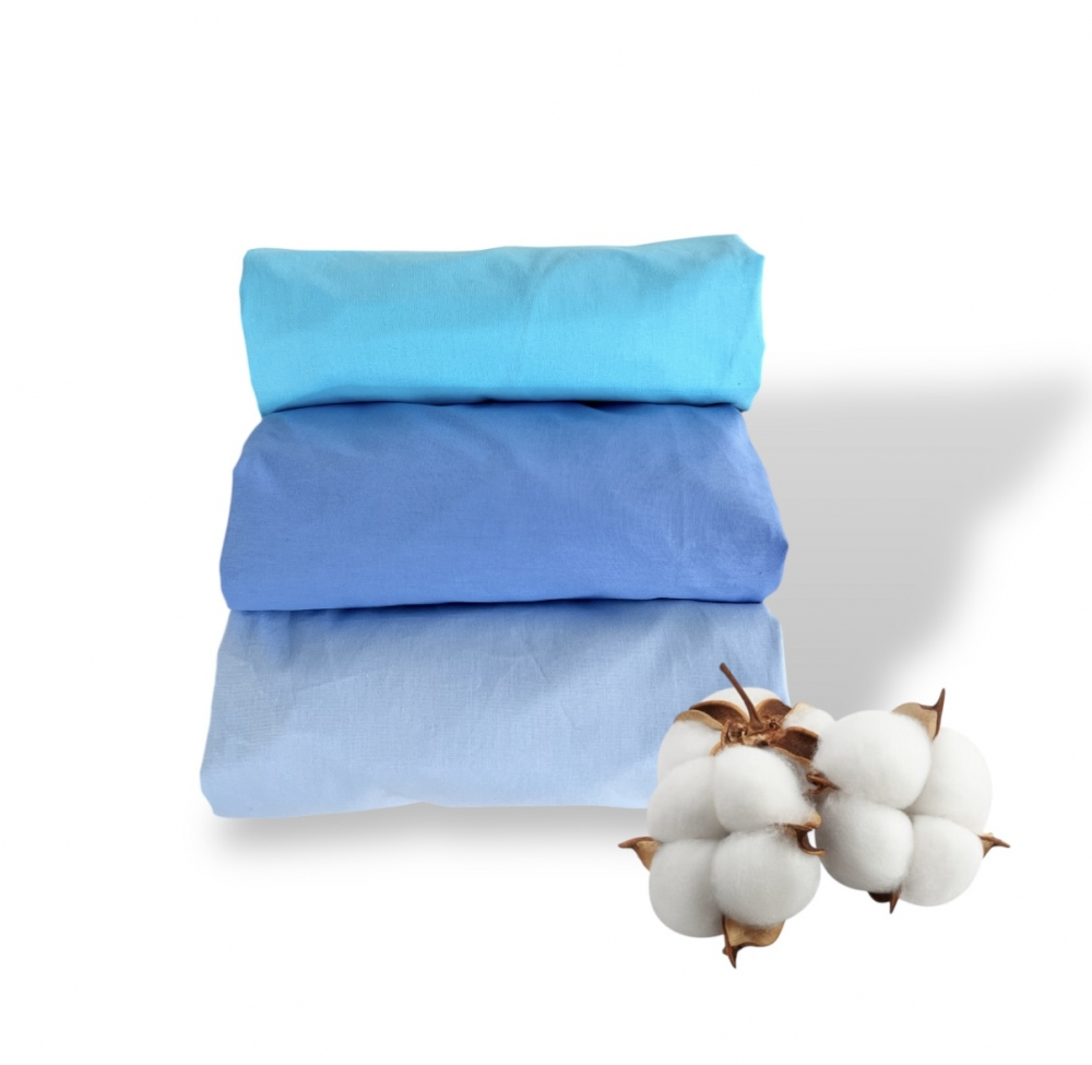 Set 3 cearsafuri din bumbac ranforce pentru pat copii, Deseda, cu elastic roata, dimensiune 90 x 200 cm, mix albastru