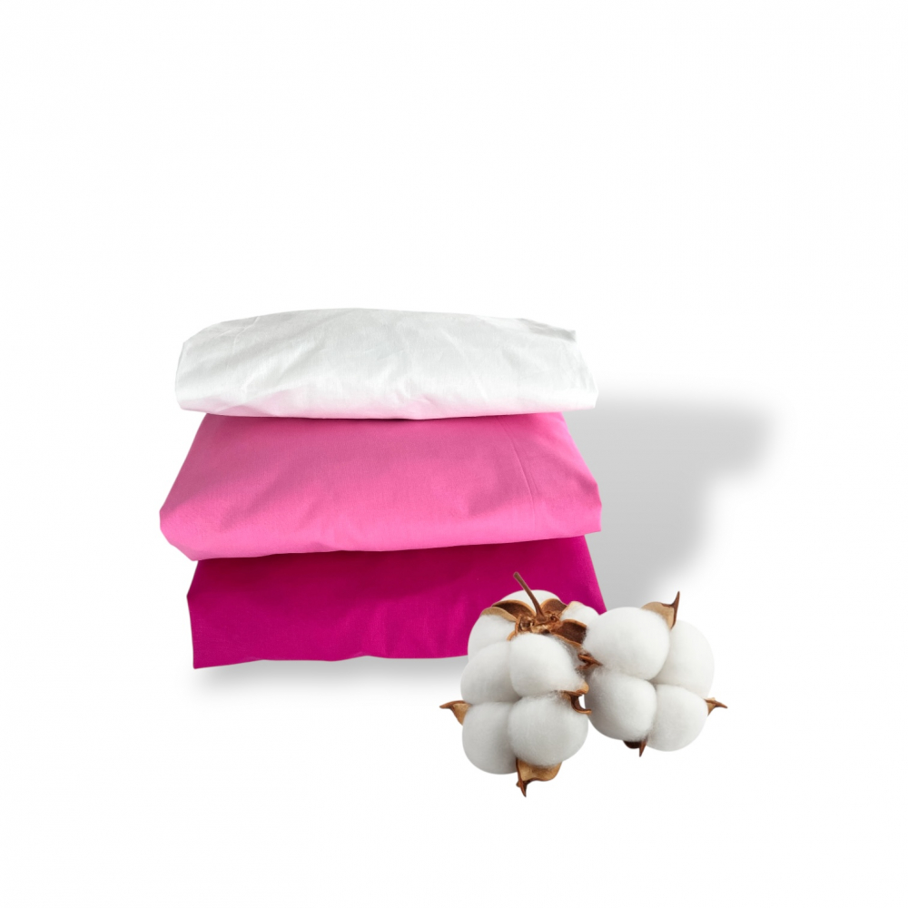 Set 3 cearsafuri din bumbac ranforce pentru pat copii, Deseda, cu elastic roata, dimensiune 90 x 200 cm, mix roz ciclam
