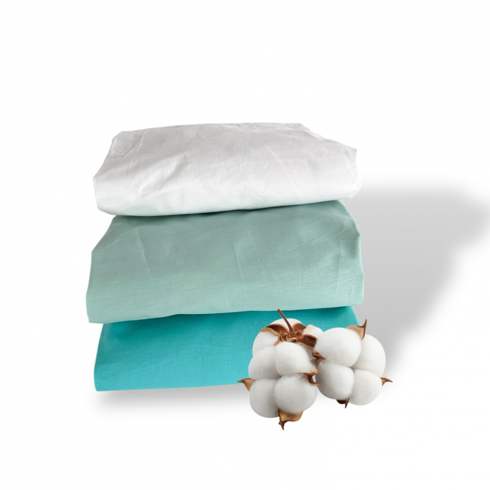 Set 3 cearsafuri din bumbac ranforce pentru pat copii, Deseda, cu elastic roata, dimensiune 90 x 200 cm, mix verde menta