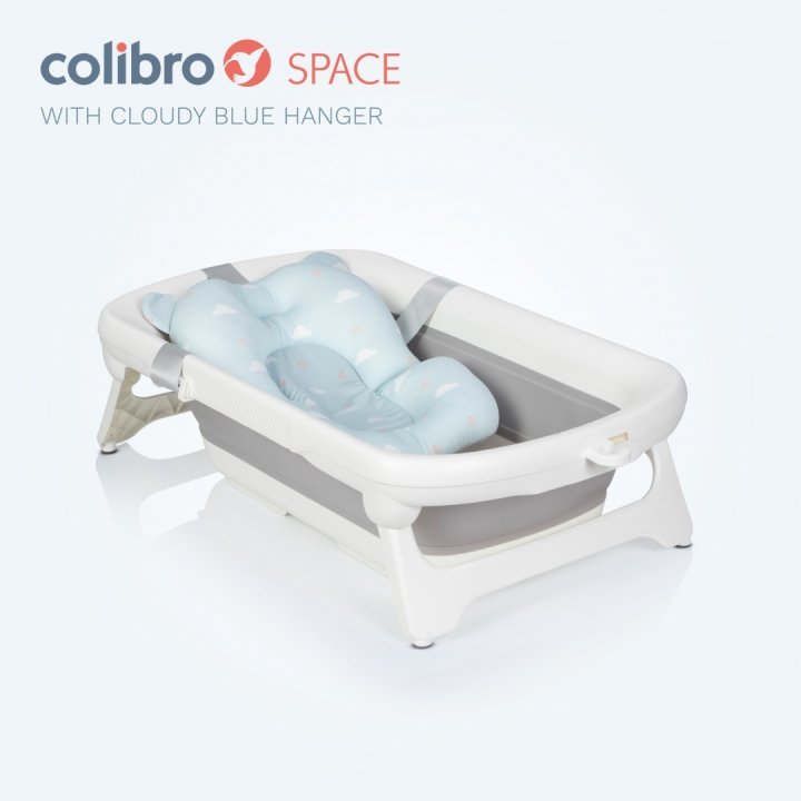 Set cadita pliabila pentru copii Colibro Space, cu pernuta si termometru integrat, dimensiune 84 x 48 cm, capacitate 40L, Cloudy Blue