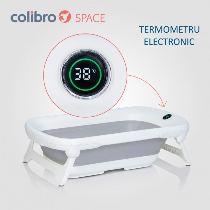 Set cadita pliabila pentru copii Colibro Space, cu pernuta si termometru integrat, dimensiune 84 x 48 cm, capacitate 40L, Sweet Pink