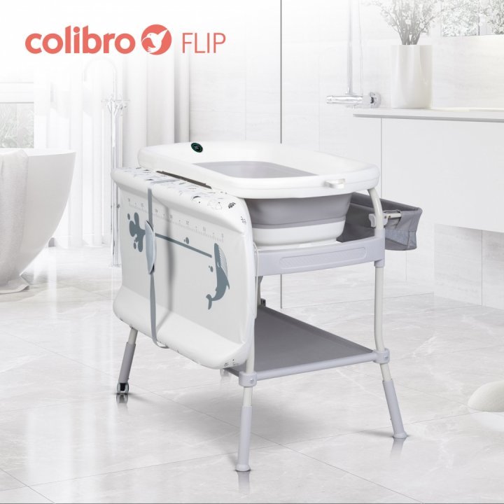 Set de baie 2 in 1 cu Masuta de infasat si Cadita de baie, Colibro Flip, cu termometru, inaltime reglabila, doua roti cu frane, dimensiune 105 x 84 x 58 cm