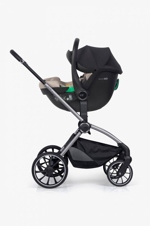 Set scoica auto si baza isofix rotativa EasyGo Buz Pro i-Size, omologat R129, cu tetiera reglabila in inaltime, copertina ajustabila, pentru copii intre 40-87 cm sau 0-13 kg, Taupe