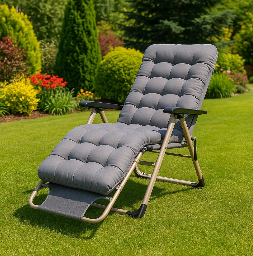 Sezlong pliabil, Ikonka, structura solida, pentru plaja sau gradina, cadru aluminiu si saltea confortabila inclusa, dimensiune 170 x 75 cm, sarcina maxima 100 kg, Grey