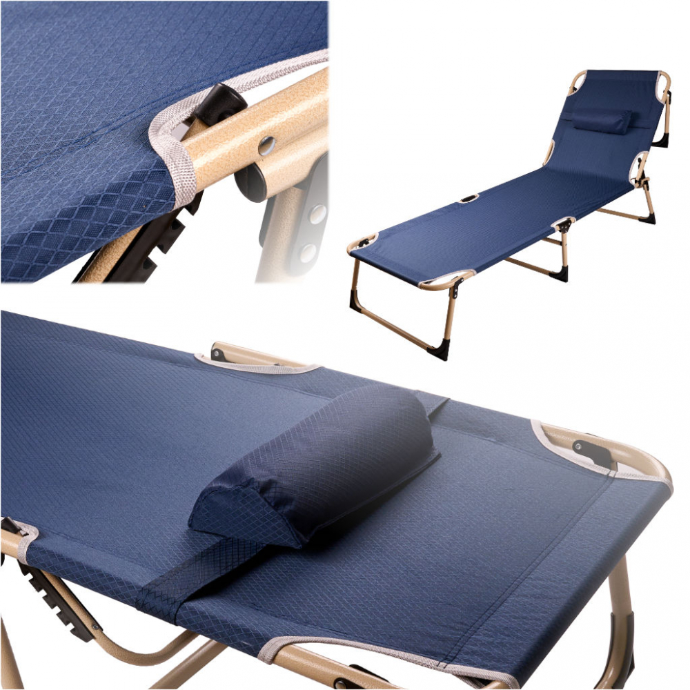 Sezlong pliabil, structura solida din otel, cu spatar reglabil pe 4 trepte si perna confortabila inclusa, dimensiune 193x66x23 cm, albastru marin