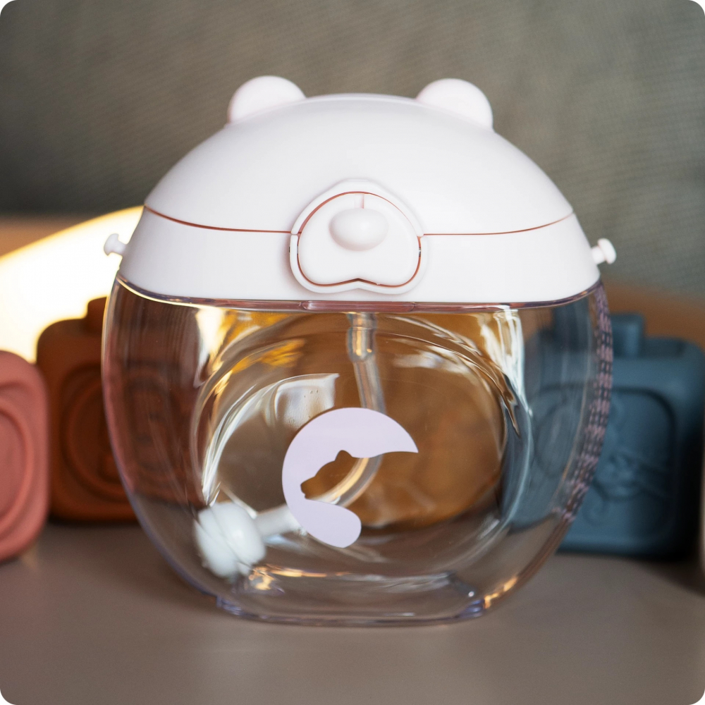Sticluta de apa din tritan pentru copii, Kindnort Baer, sterilizabila, pai moale din silicon cu bila gravitationala, prevazuta cu snur reglabil, capacitate 300 ml, Pink - 1 | YEO