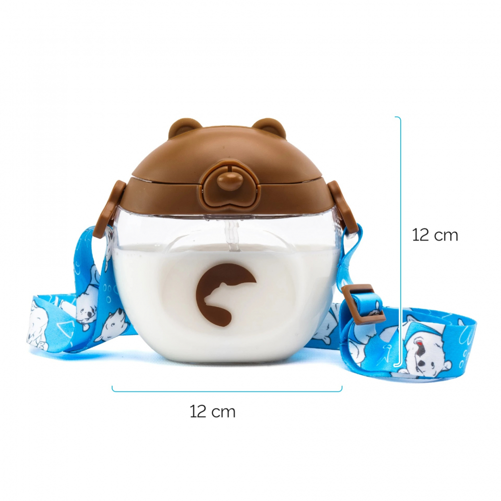 Sticluta de apa din tritan pentru copii, Kindnort Baer, sterilizabila, pai moale din silicon cu bila gravitationala, prevazuta cu snur reglabil, capacitate 300 ml, Brown