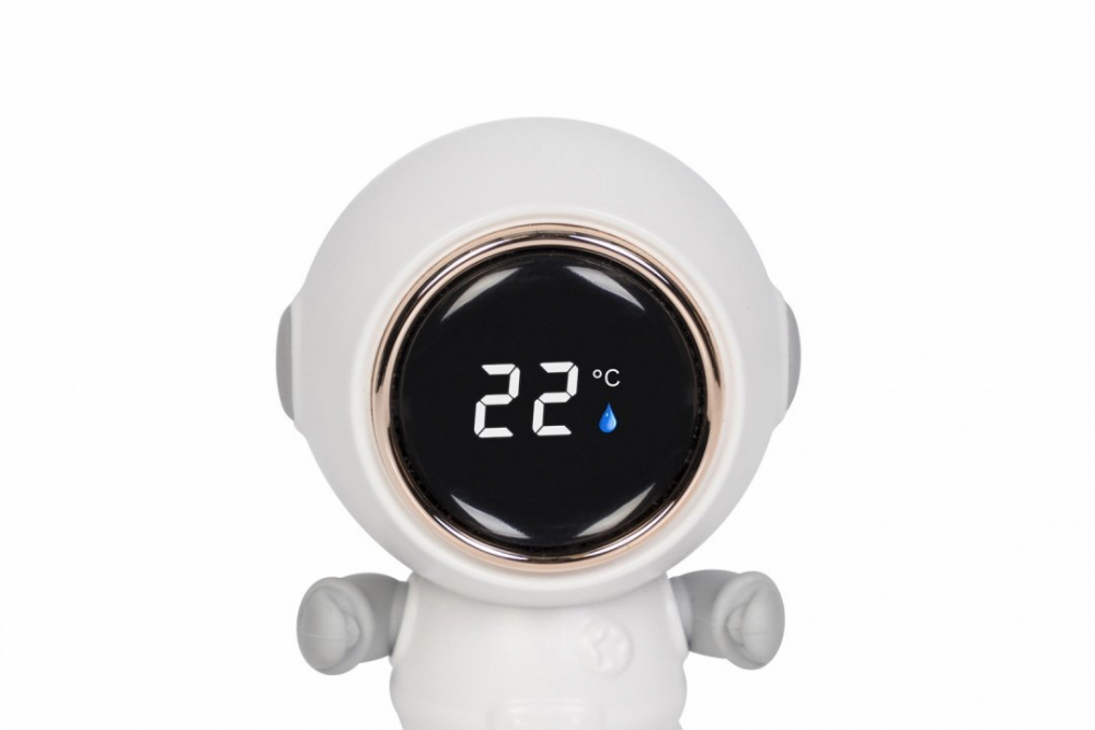 Termometru 3 in 1 Colibro, pentru baie, camera si jucarie, cu display LED, model Cosmonaut cu brate mobile, dimensiune 5.5 x 7 cm
