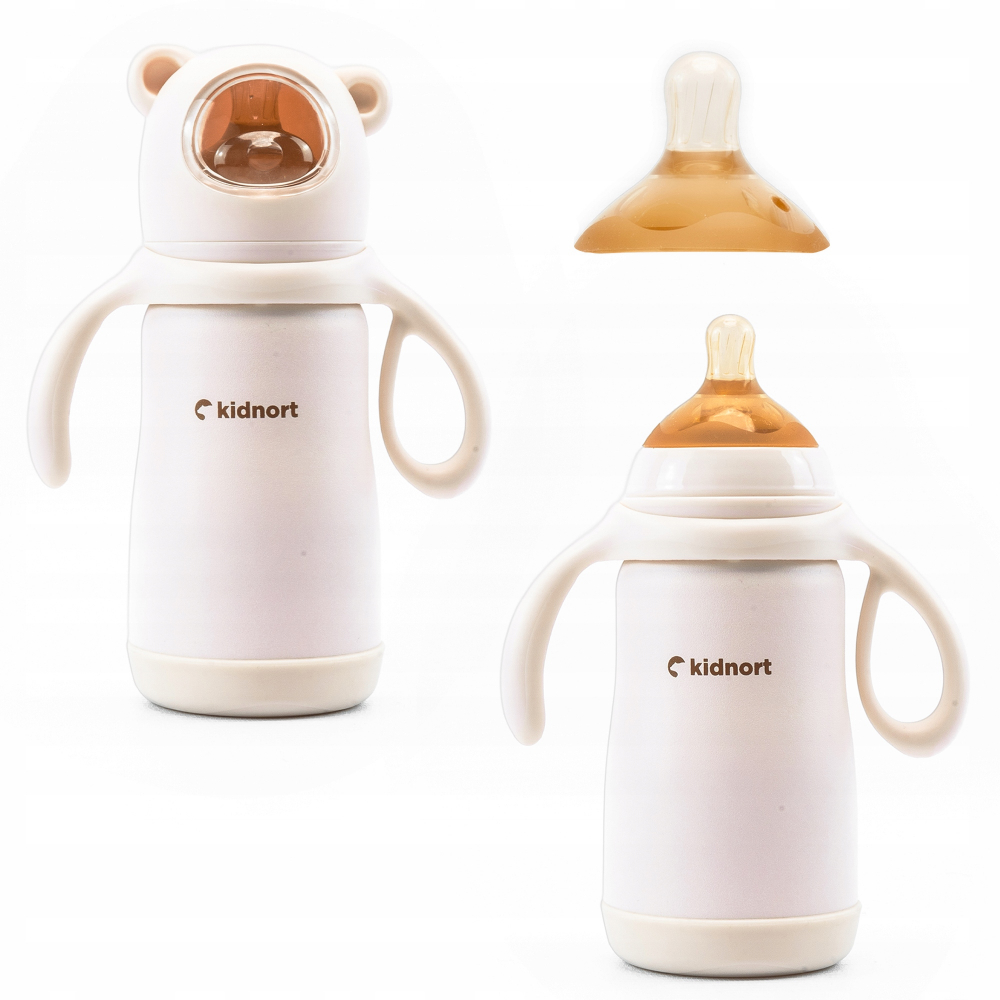 Termos de lichide si biberon pentru copii Kidnort Paere, 270 ml roz, sterilizabil din otel inoxidabil, echipat cu pai cu bila gravitationala si maner ergonomic, izolare termica pana la  10 ore, de la 6 luni