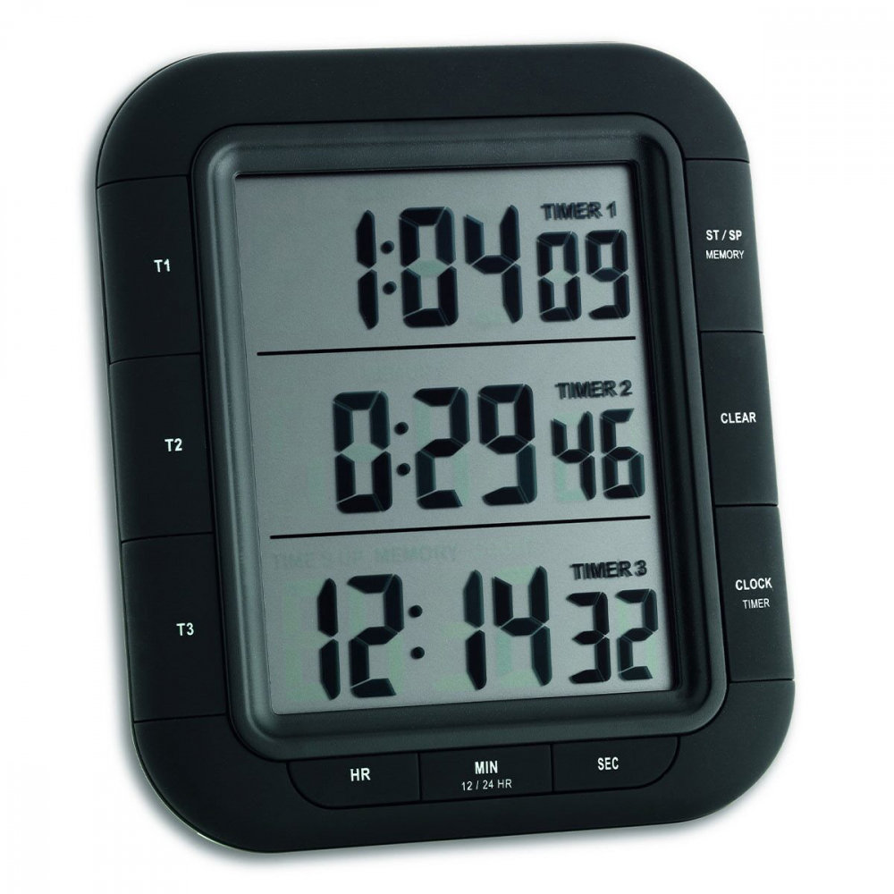 Timer si cronometru digital triplu, cu operare simultana, ceas, memorie, negru, TFA 38.2023
