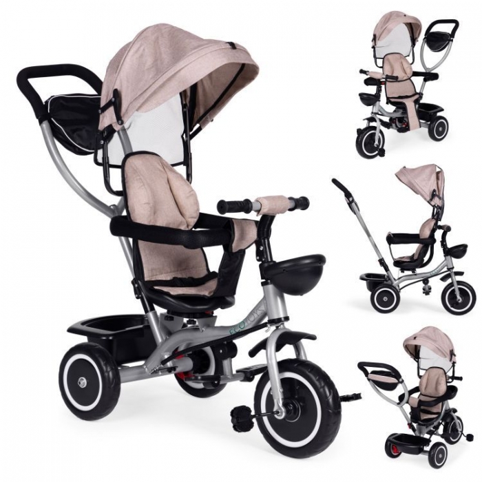 Tricicleta pentru copii Ecotoys WQL-066-52 Bej 2 in 1 cu scaun rotativ 360, roti din spuma EVA, greutate admisa 25kg