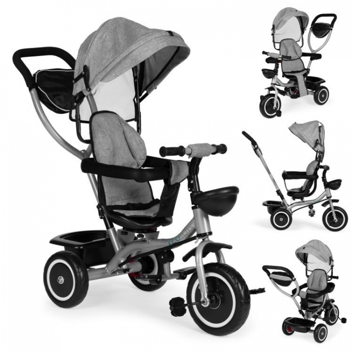 Tricicleta pentru copii Ecotoys WQL-066-52 Gri 2 in 1 cu scaun rotativ 360, roti din spuma EVA, greutate admisa 25kg