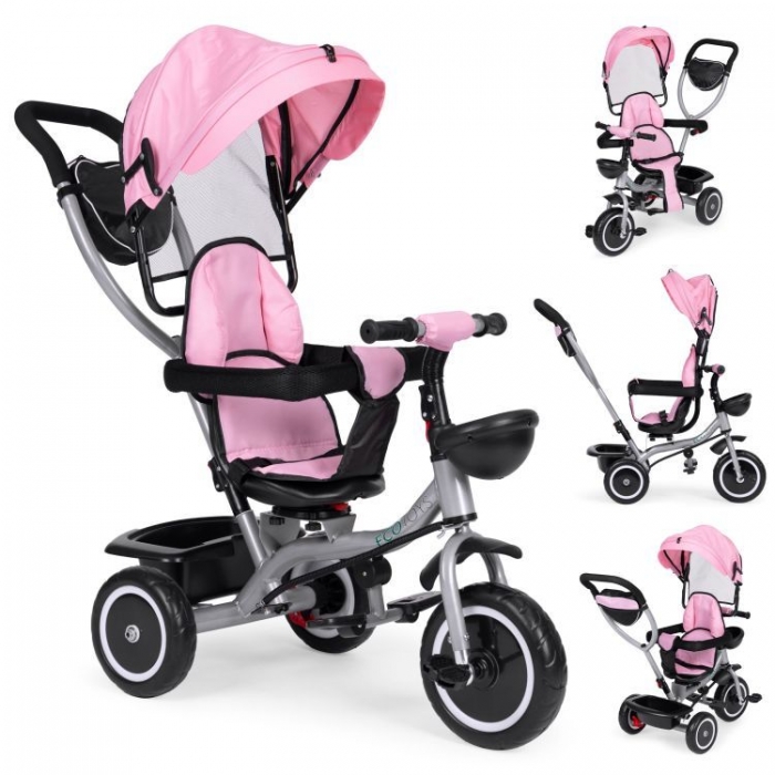 Tricicleta pentru copii Ecotoys WQL-066-52 Roz 2 in 1 cu scaun rotativ 360, roti din spuma EVA, greutate admisa 25kg