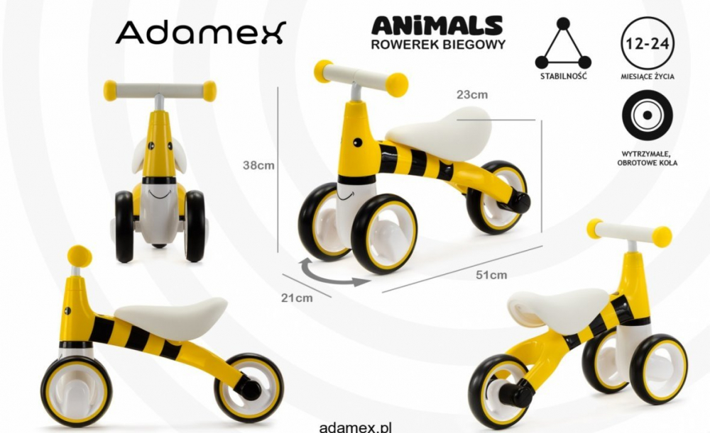 Tricicleta pentru copii, Adamex Animals, fara pedale, cu 3 roti, sistem de blocare a rotirii ghidonului, testata EN71, pentru interior  exterior, sezut moale, +12 luni, Bee - 3