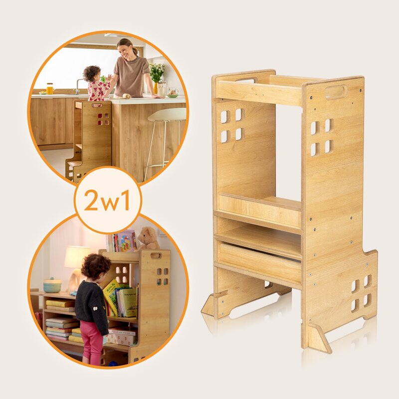 Turn de invatare Montessori Lionelo Cass Alb, functie de raft pentru carti, pana la 30 kg, 1-6 ani, din MDF si furnir, 3 trepte de inaltime - 1 | YEO