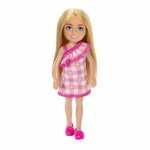 Papusa Barbie Chelsea blonda cu rochita roz in carouri