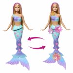 Papusa Barbie sirena floare magica cu par blond si coada albastra