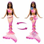 Papusa Barbie sirena floarea magica cu par brunet si coada roz